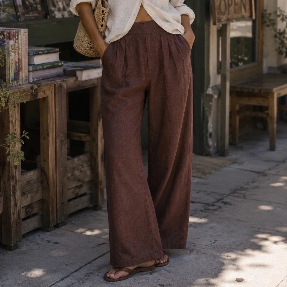 Abercrombie & Fitch Linen Blend Pleated Wide Leg Pants Womens Small Brown